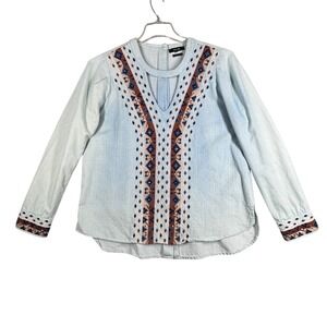 Miss Me Shirt Blue Chambray‎ Embroidered Blouse Long Sleeve Western Boho Large